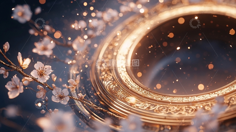 高清大图下载【趣麦麦图】金色茶杯与樱花飘落