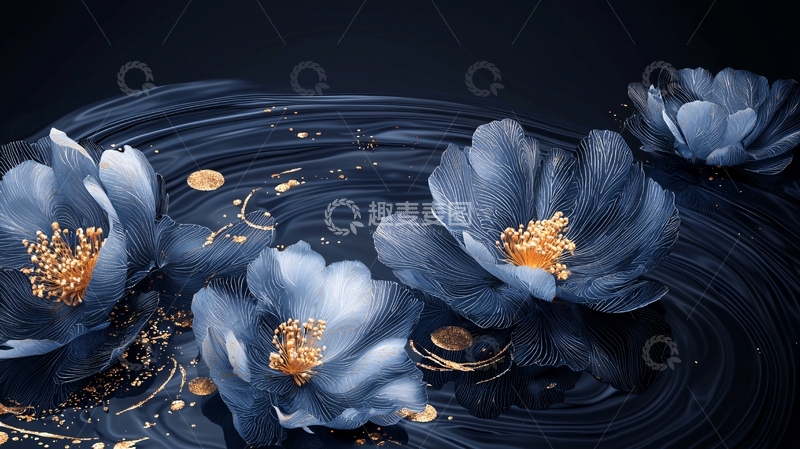 高清大图下载【趣麦麦图】蓝色花朵与水波纹背景