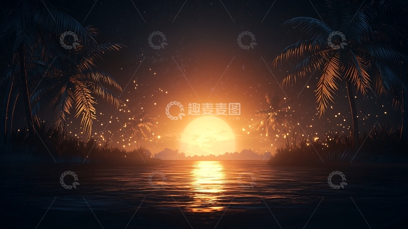 高清大图下载【趣麦麦图】热带夜景下的湖面与椰树