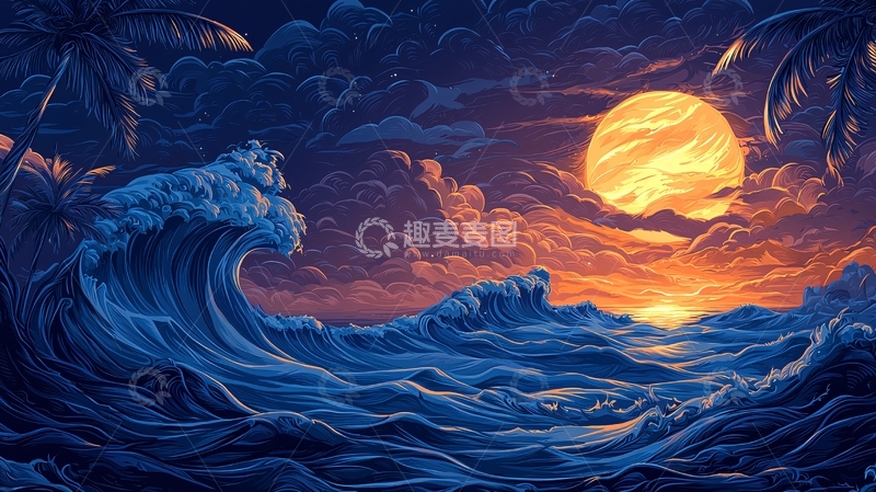 高清大图下载【趣麦麦图】夜海日落椰树