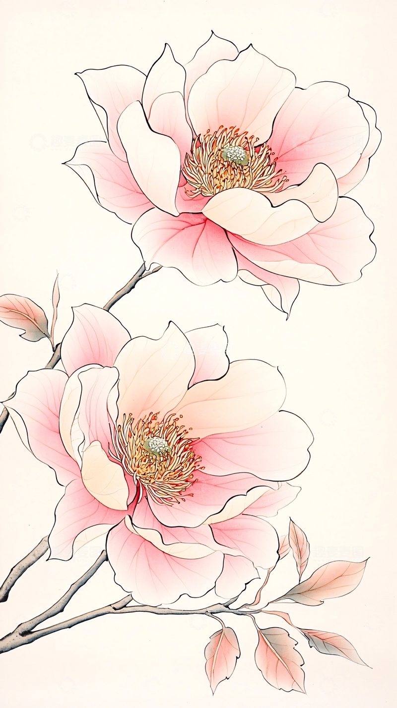 高清大图下载【趣麦麦图】粉色玉兰花手绘插画