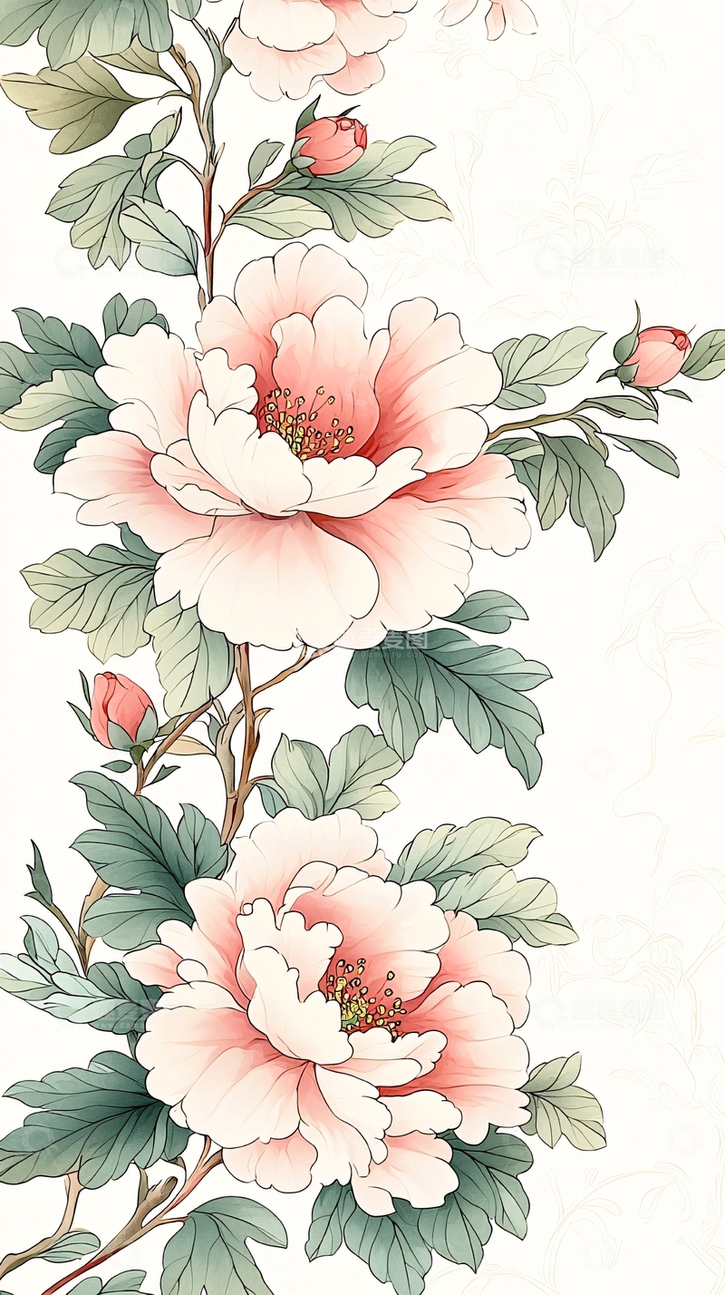 高清大图下载【趣麦麦图】粉白牡丹花插画素材
