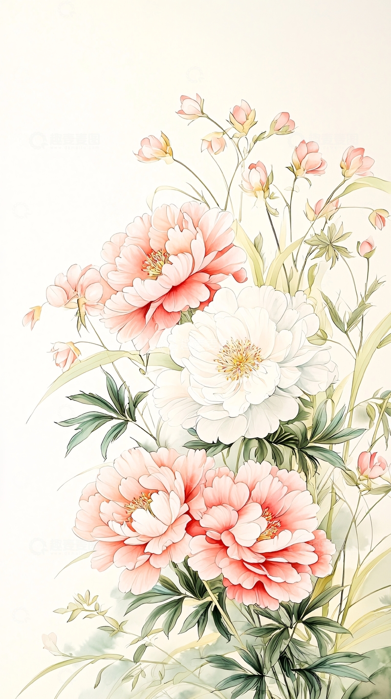 高清大图下载【趣麦麦图】牡丹花束手绘插画