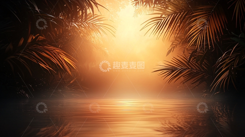 高清大图下载【趣麦麦图】热带日落下的宁静湖面