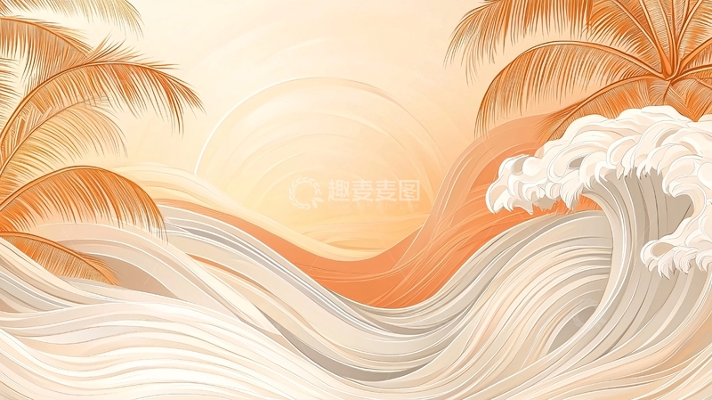 高清大图下载【趣麦麦图】热带海滩日落海浪棕榈树