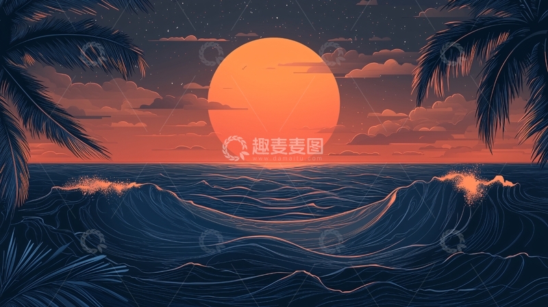 高清大图下载【趣麦麦图】日落海滩椰树海浪