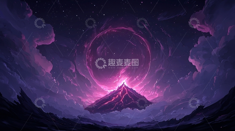 高清大图下载【趣麦麦图】紫色星空下的火山爆发