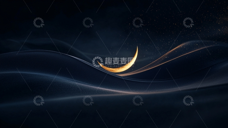 高清大图下载【趣麦麦图】夜空中的弯月与波浪