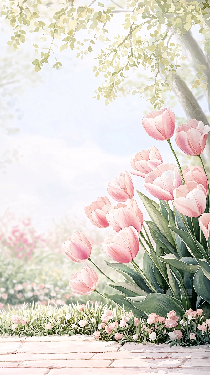 高清大图下载【趣麦麦图】粉红郁金香花园场景