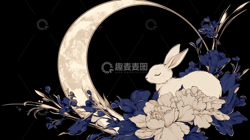 高清大图下载【趣麦麦图】月兔花丛下的宁静夜晚