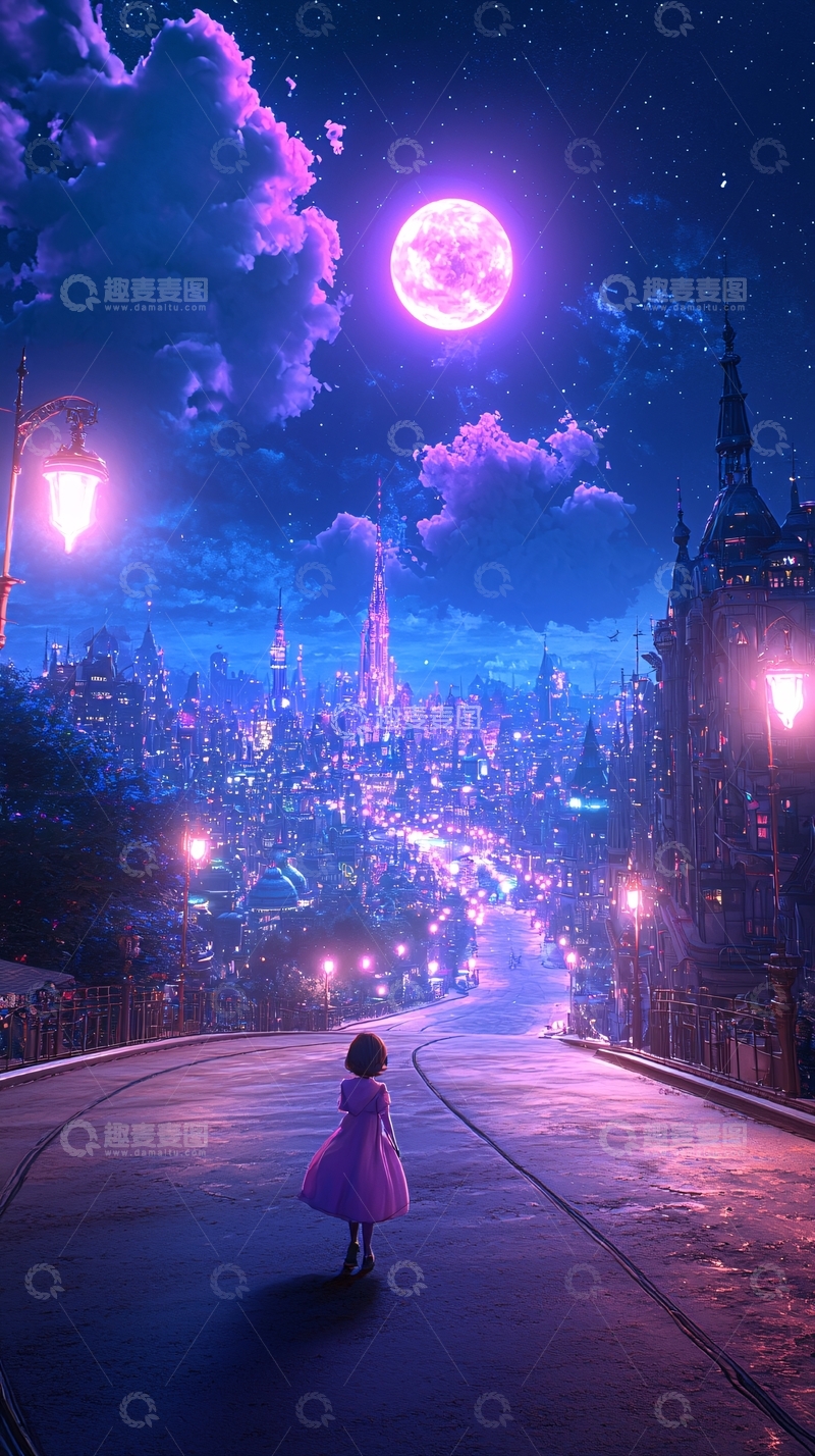 高清大图下载【趣麦麦图】梦幻夜景下的小女孩