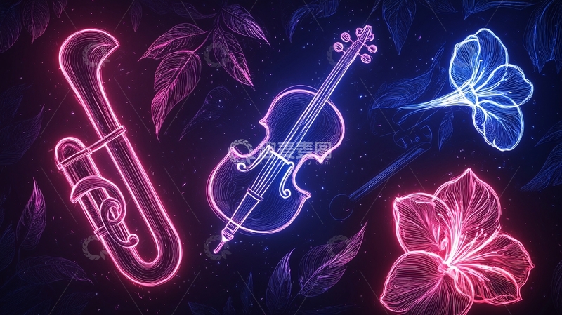 高清大图下载【趣麦麦图】霓虹乐器与花卉图案背景