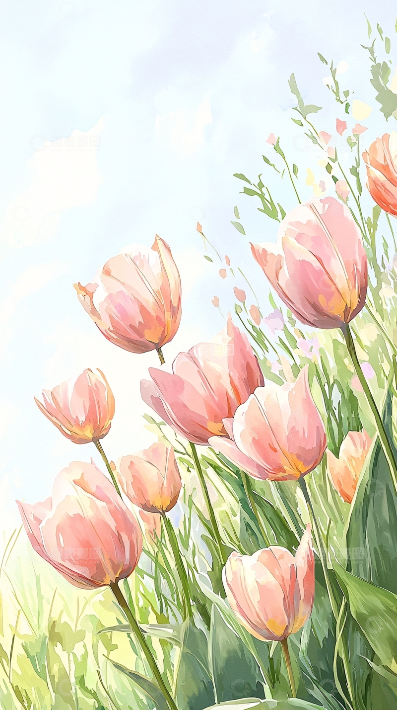 高清大图下载【趣麦麦图】粉红色郁金香花丛插画