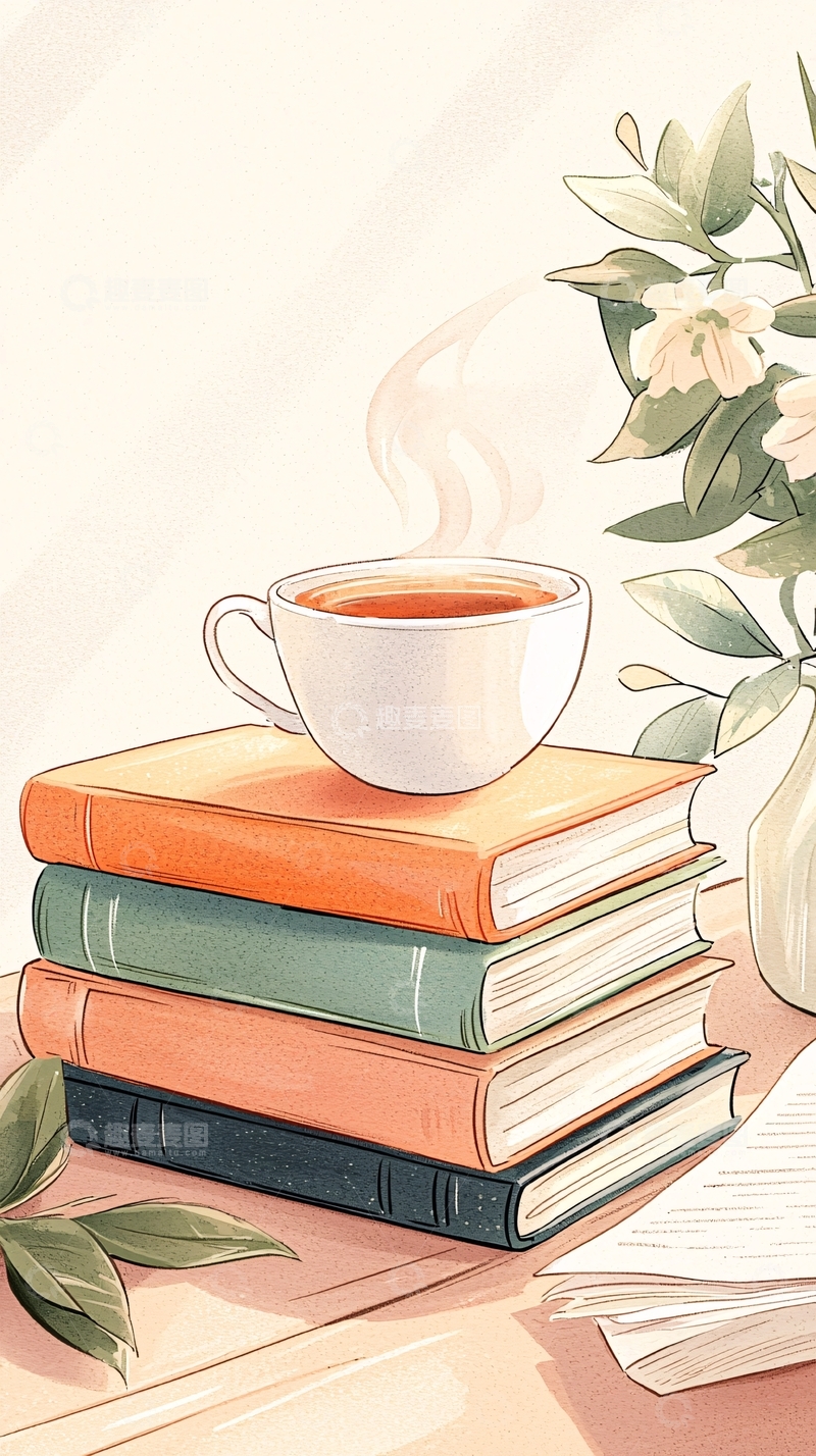 高清大图下载【趣麦麦图】一杯热茶与书籍的静谧时光