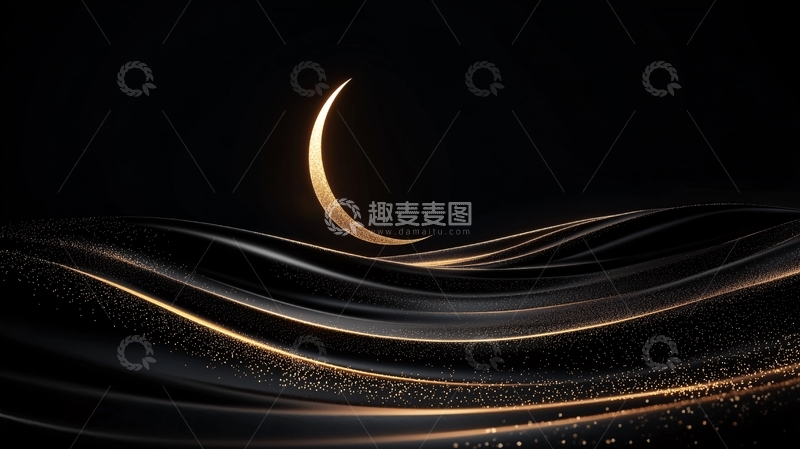 高清大图下载【趣麦麦图】金色波浪与新月夜景