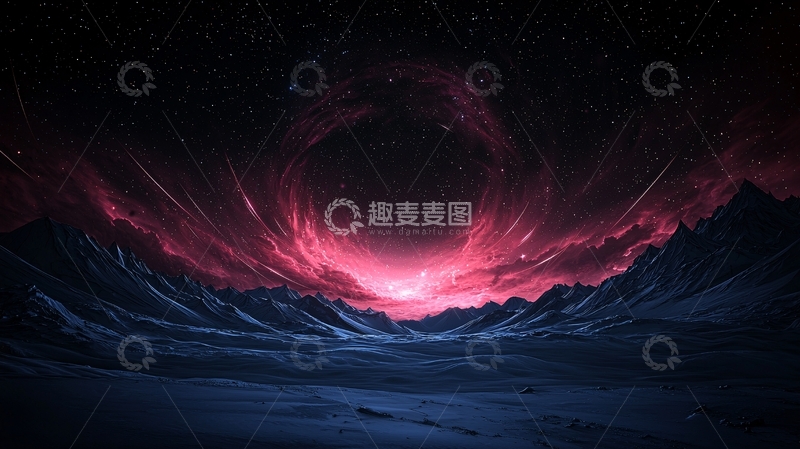 高清大图下载【趣麦麦图】红色星云下的雪山夜景
