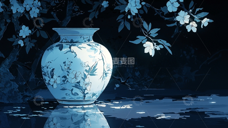 高清大图下载【趣麦麦图】蓝色花瓶与夜景