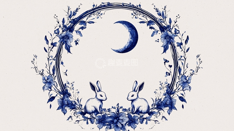 高清大图下载【趣麦麦图】月兔花环插画背景图