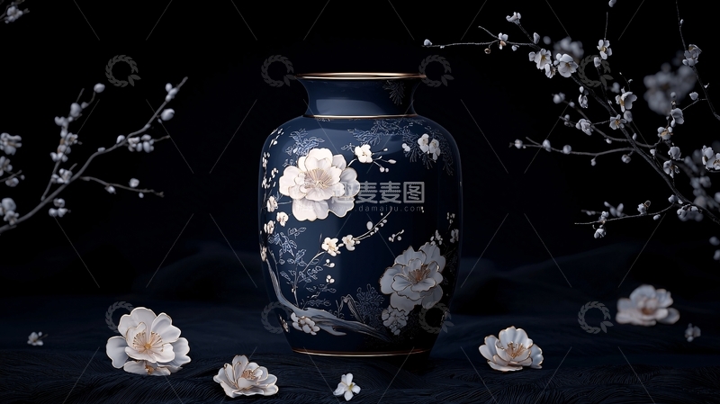 高清大图下载【趣麦麦图】深蓝色陶瓷花瓶与梅花装饰