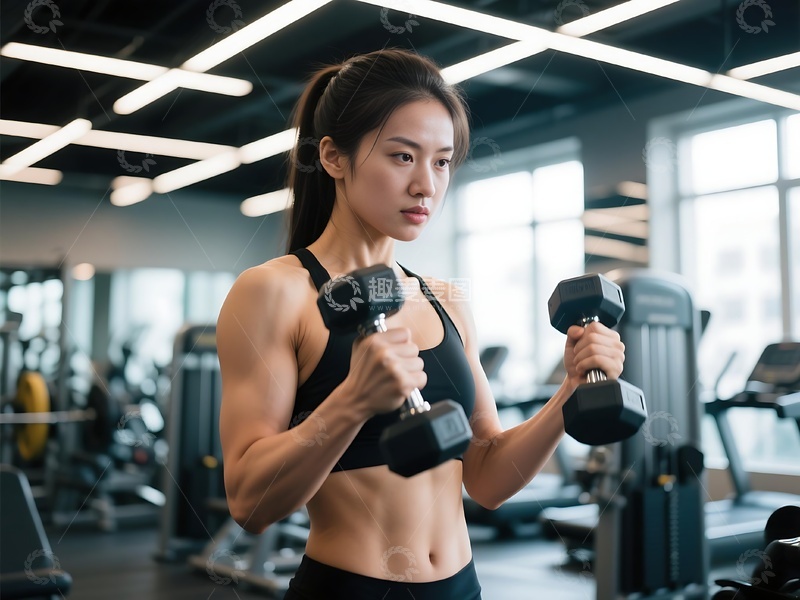 高清大图下载【趣麦麦图】健身房女子哑铃训练场景