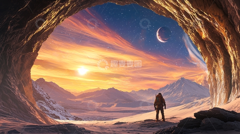 高清大图下载【趣麦麦图】洞穴探险者与壮丽星空