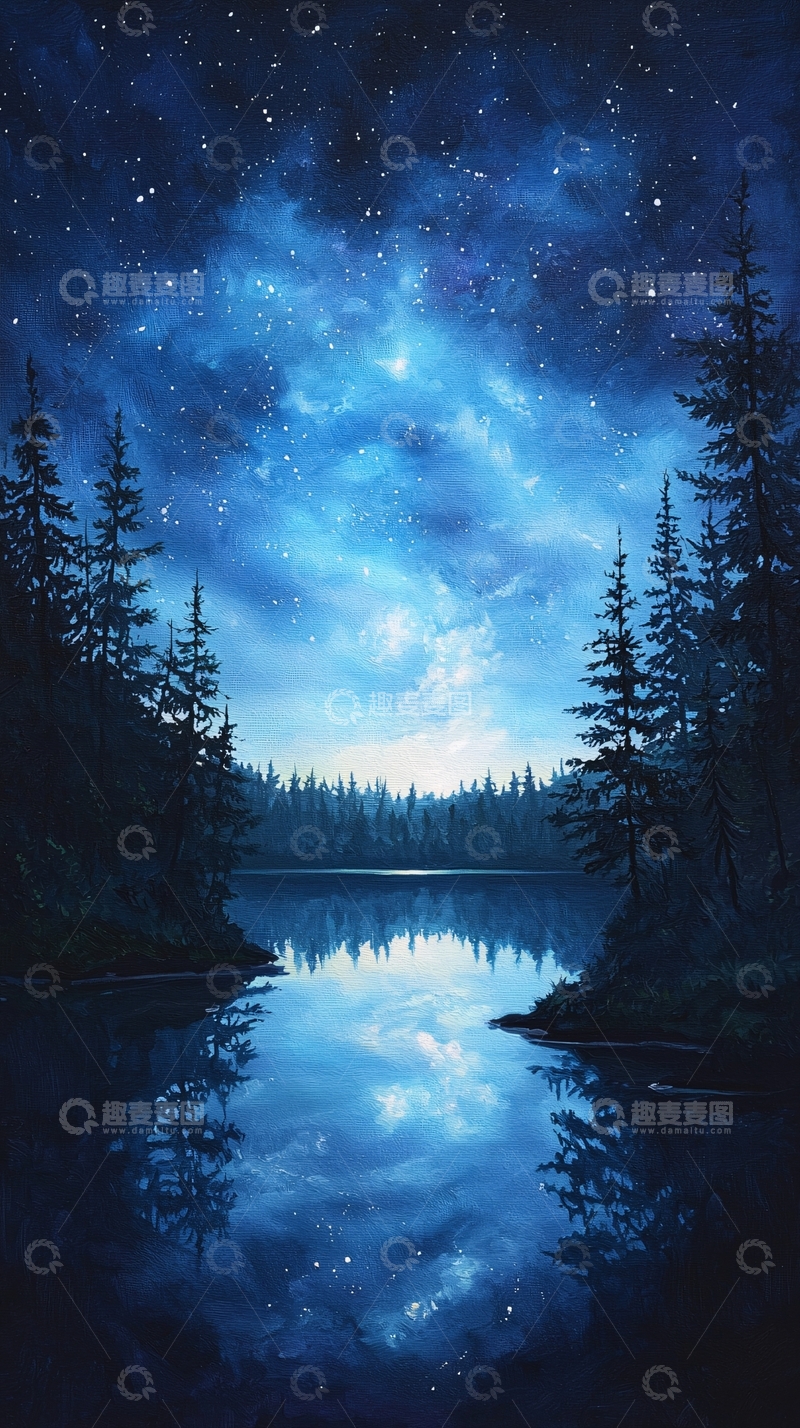 高清大图下载【趣麦麦图】夜色森林湖畔星空