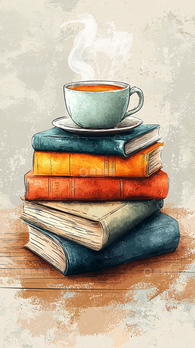 高清大图下载【趣麦麦图】书堆上的咖啡杯