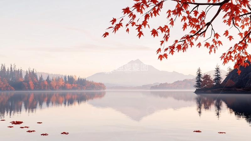 高清大图下载【趣麦麦图】秋日湖畔红叶静谧风景