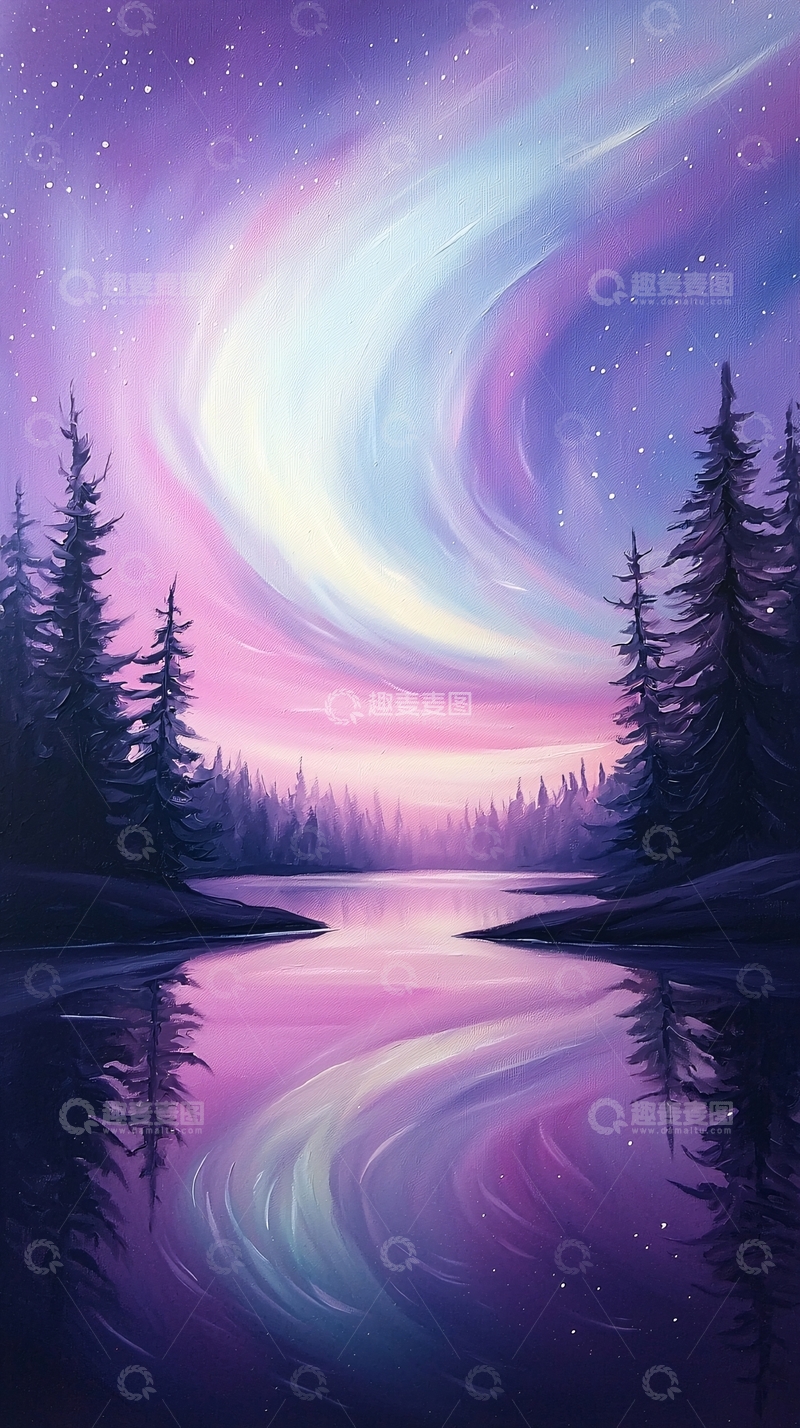 高清大图下载【趣麦麦图】梦幻极光下的森林湖泊