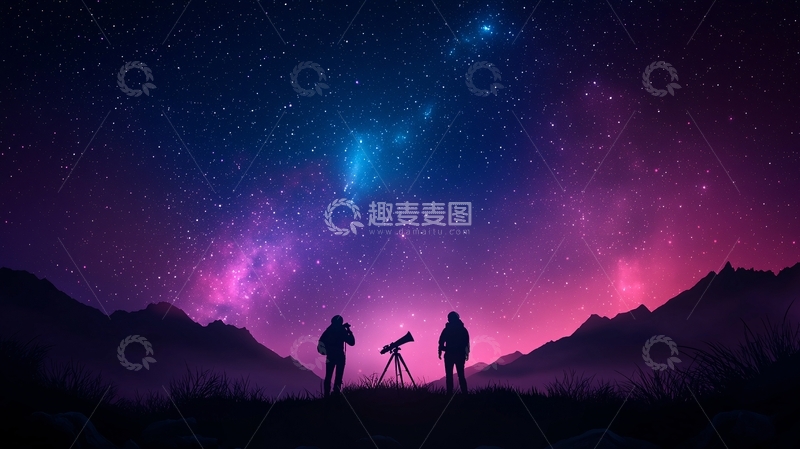 夜晚星空下观测天文的两个人影