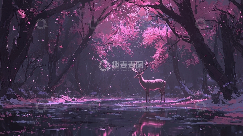 高清大图下载【趣麦麦图】粉红森林中的鹿
