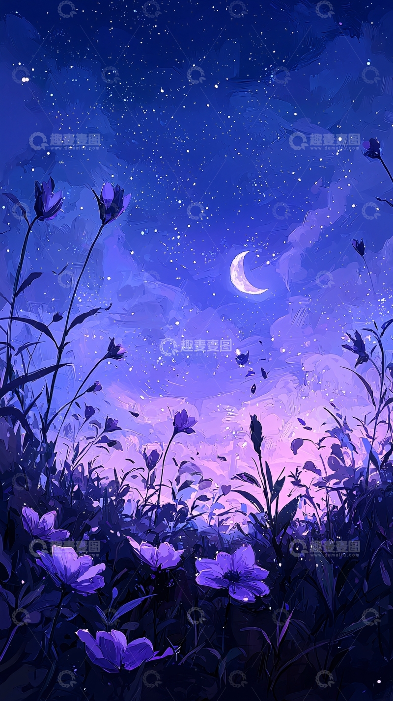 高清大图下载【趣麦麦图】紫色夜空下的花朵
