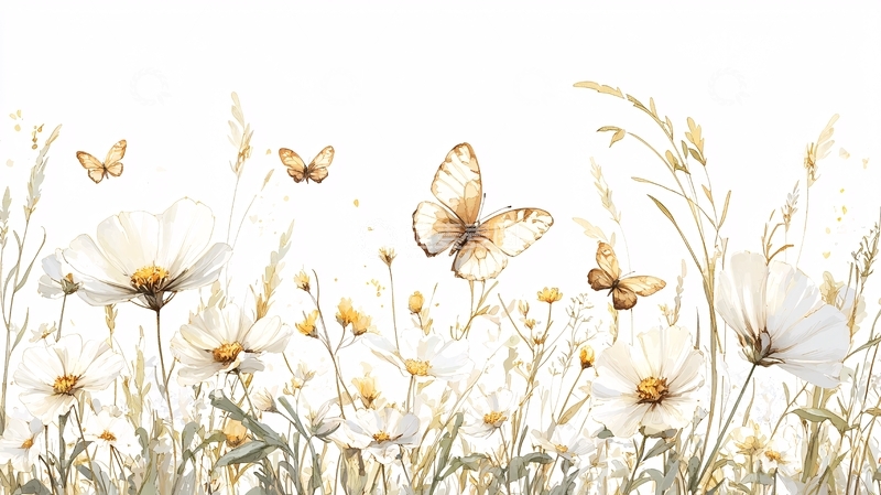 高清大图下载【趣麦麦图】金色蝴蝶与白色花朵的梦幻场景