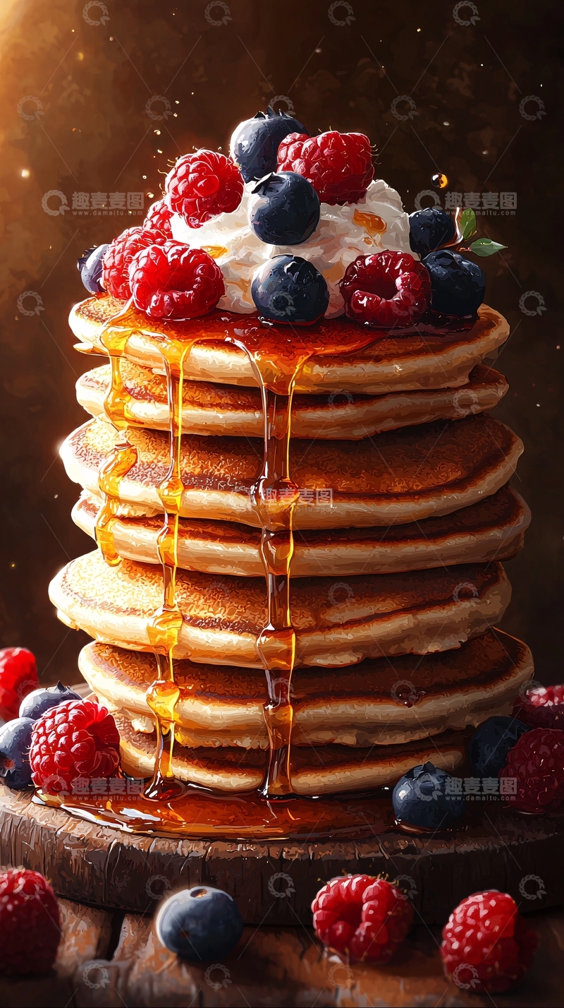 高清大图下载【趣麦麦图】蜂蜜淋漓的蓝莓覆盆子煎饼堆