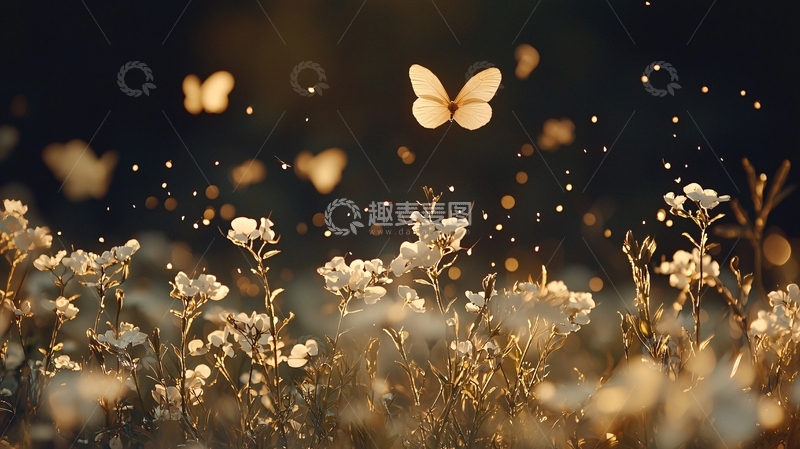 高清大图下载【趣麦麦图】金色蝴蝶与花朵的梦幻场景