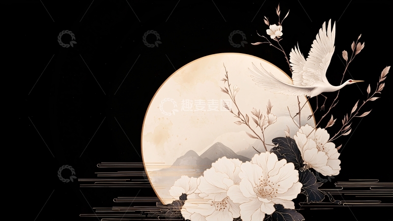 高清大图下载【趣麦麦图】月下白鹤与花枝