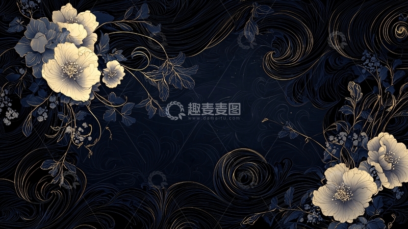 高清大图下载【趣麦麦图】深蓝背景金色花卉图案