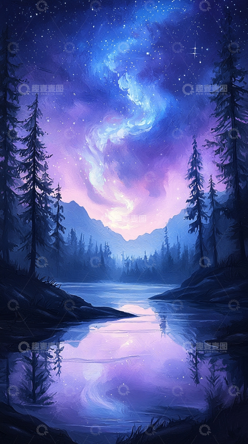 高清大图下载【趣麦麦图】夜色森林河流星空