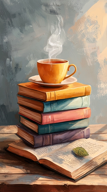 一杯热茶与书堆的艺术插画