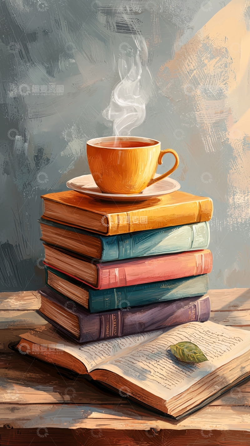 高清大图下载【趣麦麦图】一杯热茶与书堆的艺术插画