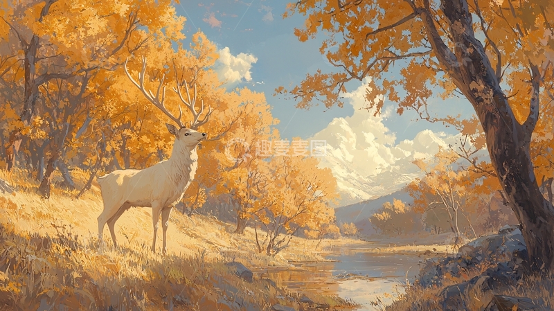 高清大图下载【趣麦麦图】秋日山间白鹿图
