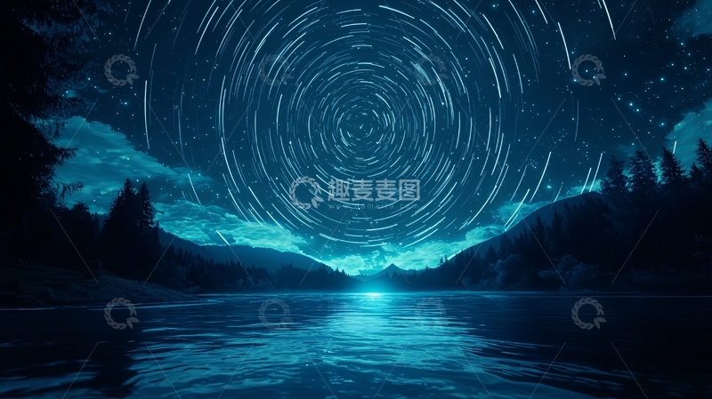 高清大图下载【趣麦麦图】夜空星轨下的静谧湖景