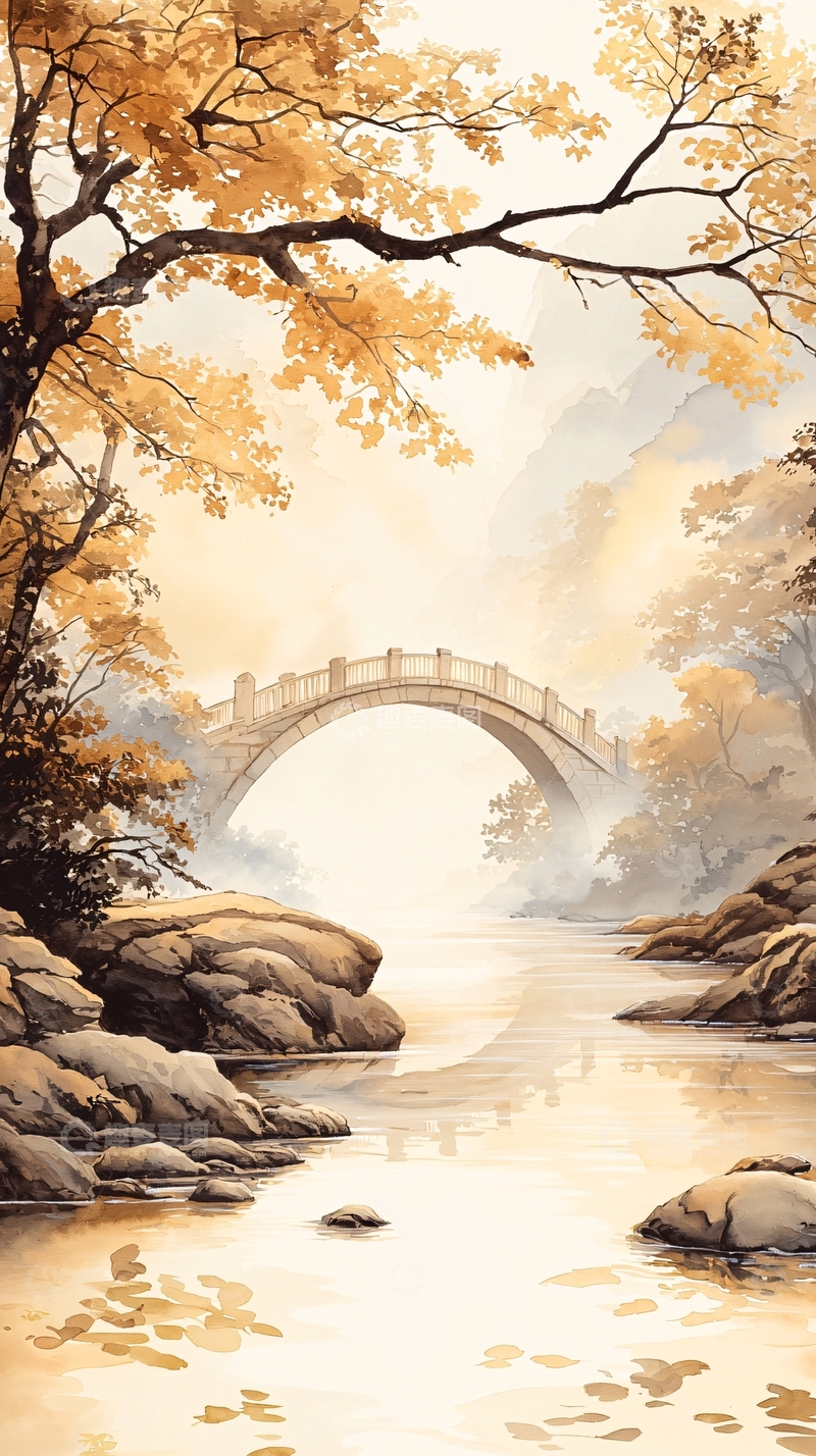 高清大图下载【趣麦麦图】秋日小桥流水风景图