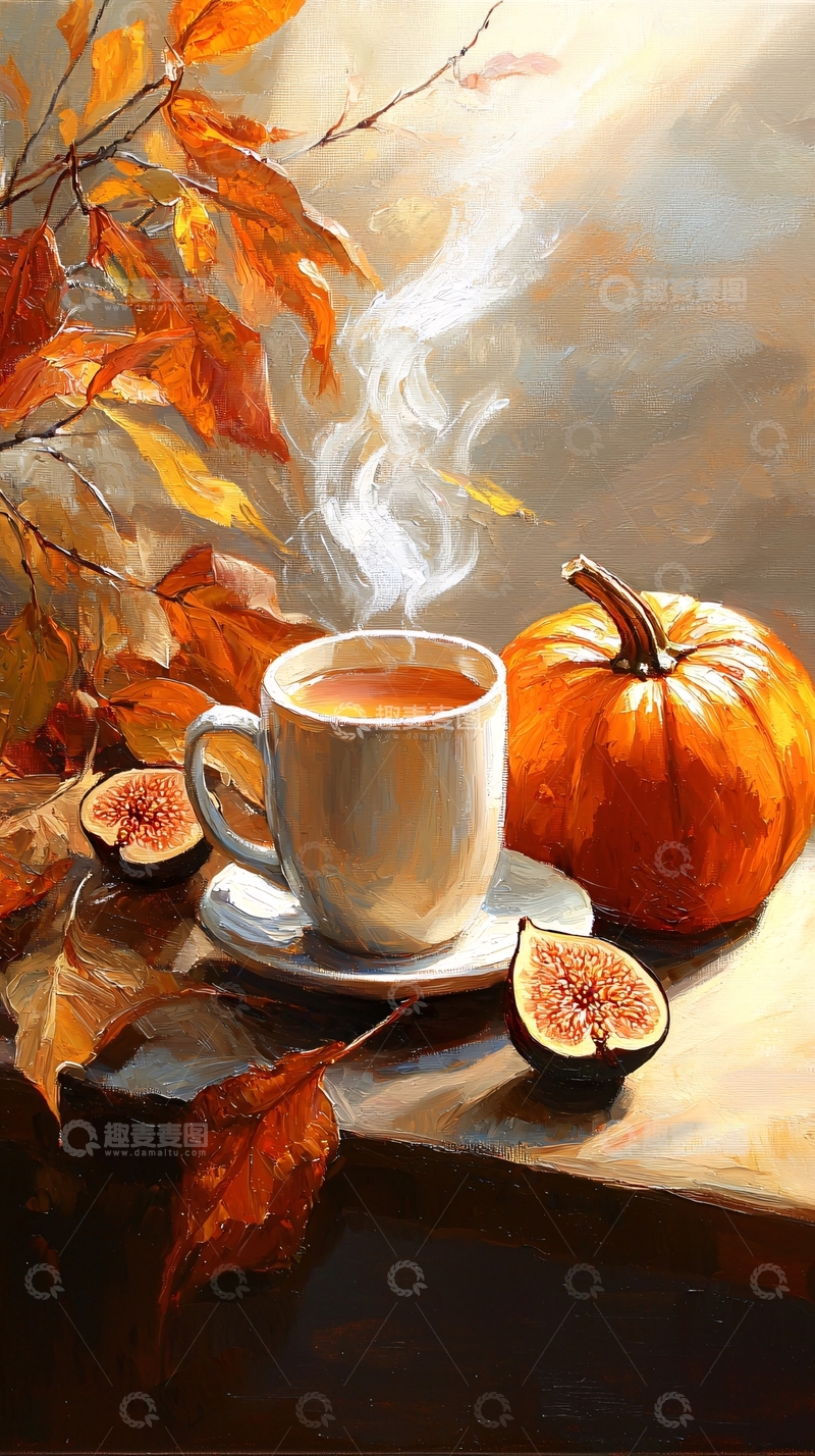 高清大图下载【趣麦麦图】秋日暖茶与南瓜静物画