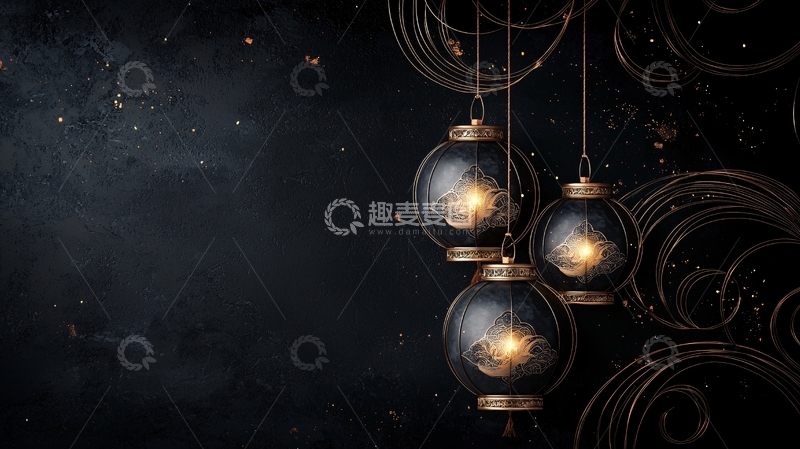 高清大图下载【趣麦麦图】夜空中悬挂的传统灯笼装饰