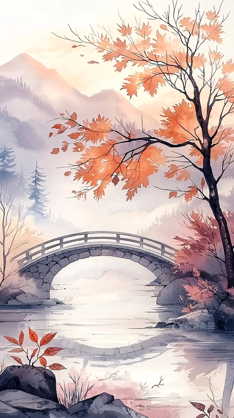 高清大图下载【趣麦麦图】秋日山水桥景