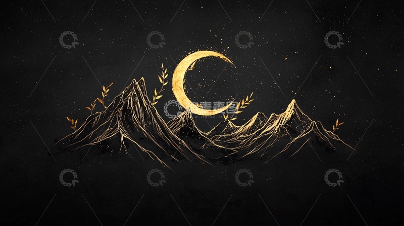 高清大图下载【趣麦麦图】金色月亮与山脉夜景