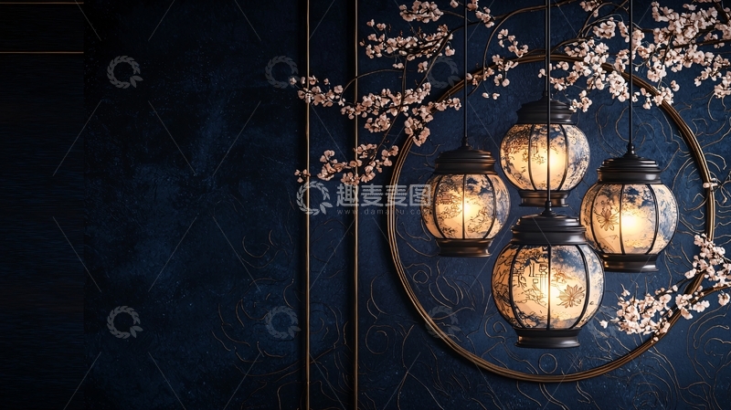 高清大图下载【趣麦麦图】樱花下的灯笼装饰背景