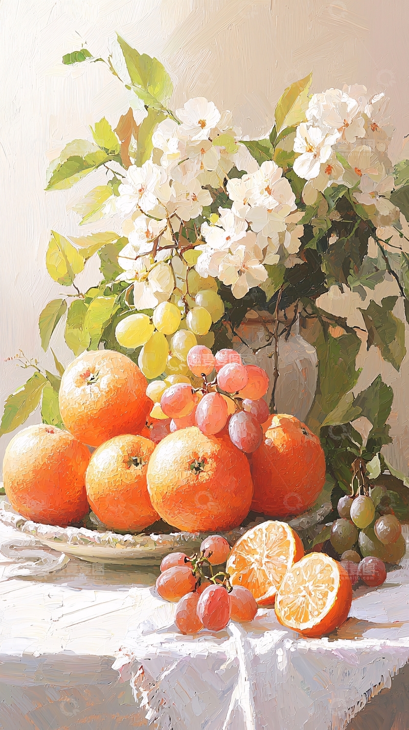 高清大图下载【趣麦麦图】橙子葡萄与花瓶静物画