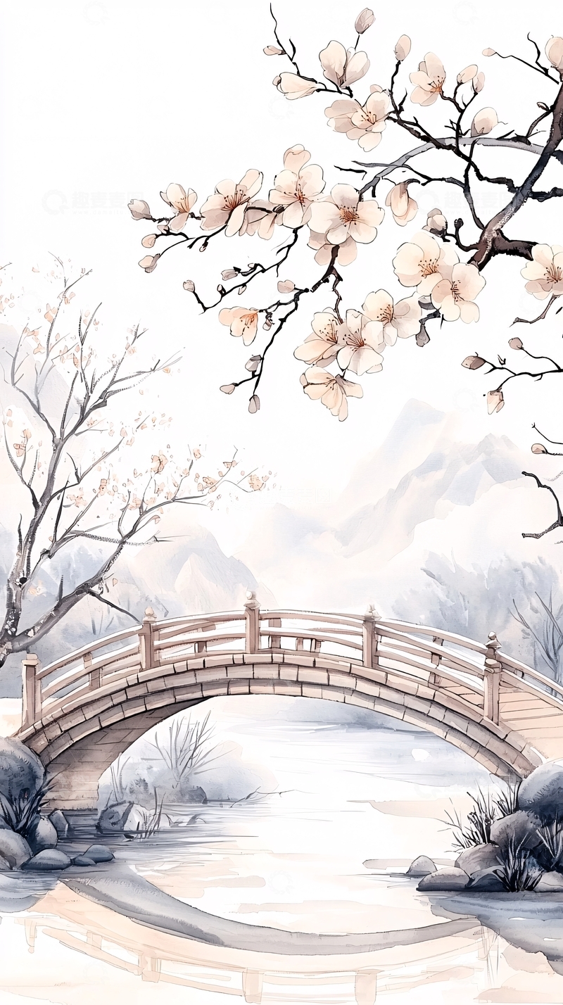 高清大图下载【趣麦麦图】樱花桥下的宁静山水